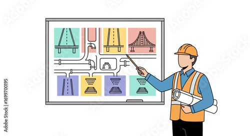 Civil Engineer Presenting Various Bridge Designs on a Whiteboard.