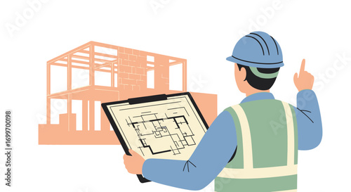 Construction Engineer Inspecting a Building Project with Blueprints.