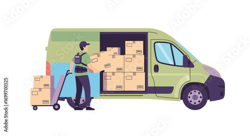 Delivery man loading cardboard boxes into a green commercial van.