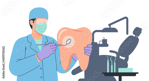 Dentist Examining a Large Anatomical Tooth Model.
