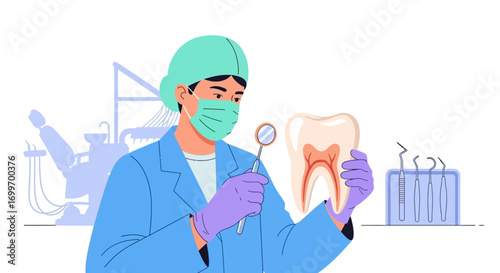 Dentist in surgical mask and gloves examining a tooth model.