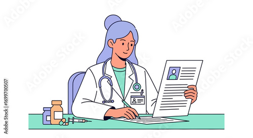 Female doctor reviewing patient medical records at desk.