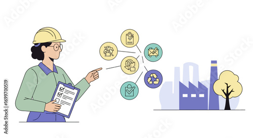Female Engineer Inspecting Factory for Environmental Sustainability Compliance.