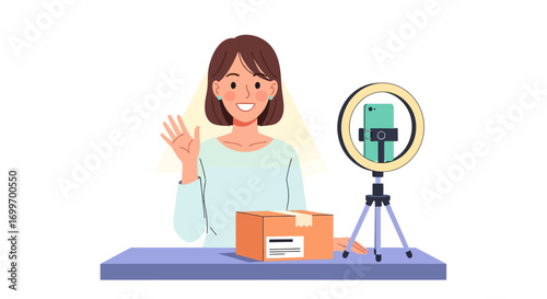 Female Influencer Live Streaming an Unboxing Video.