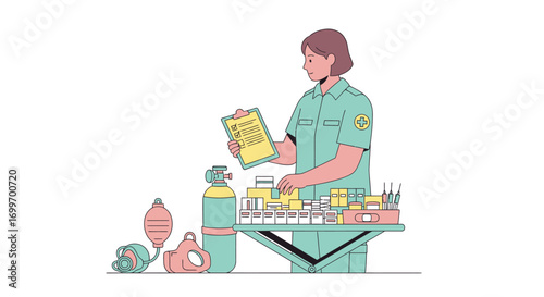 Female technician checking inventory of medical or chemical supplies.