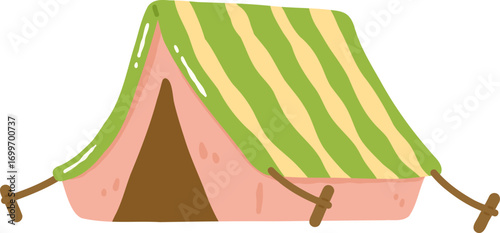 Colorful camping tent with green and yellow striped roof, featuring pink base and brown entrance. This cheerful design evokes sense of adventure and outdoor fun