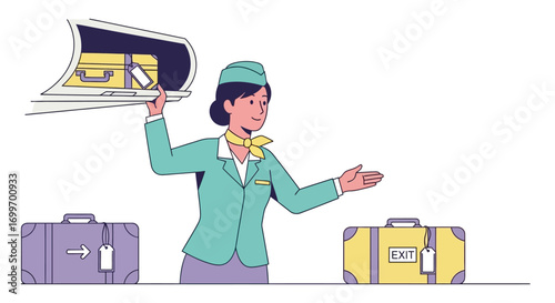 Flight Attendant Demonstrating Overhead Luggage Storage.