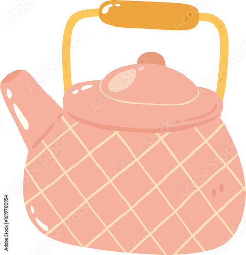 Cute pink kettle with checkered pattern and wooden handle, perfect for adding charm to any kitchen. This whimsical design brings warmth and joy to tea time