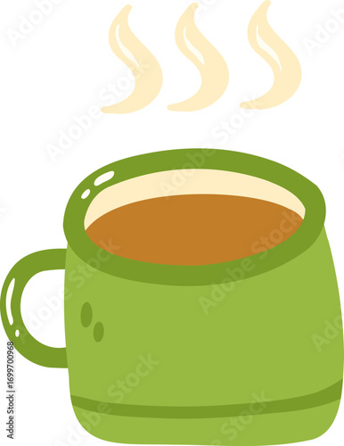Green cup filled with hot beverage emits steam, creating cozy and inviting atmosphere. Perfect for coffee or tea lovers, this illustration captures warmth and comfort