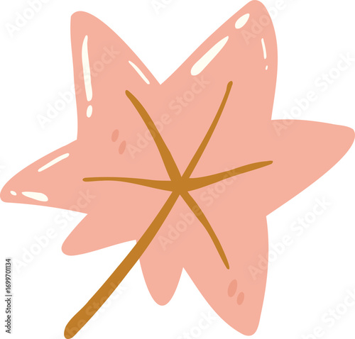Pink maple leaf with glossy finish, featuring five distinct lobes and slender brown stem, evokes sense of autumn beauty and nature artistry