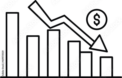Bar chart with downward trend arrow and dollar coin
