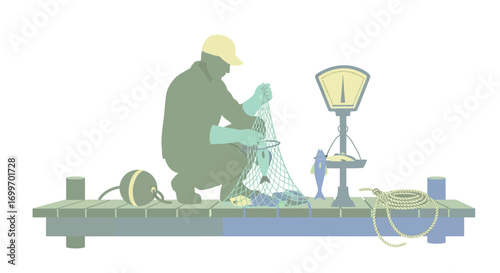 Industrial Laborer with Net and Weighing Machine.