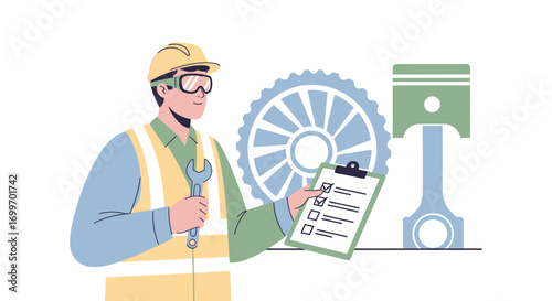 Industrial mechanic with checklist and tools for machine maintenance.