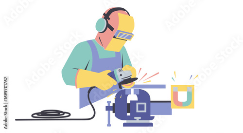 Industrial worker grinding a metal part in a workshop.