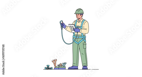 Industrial worker in safety harness inspecting equipment.