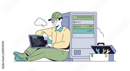 IT Specialist Configuring Server with Laptop and Tools.
