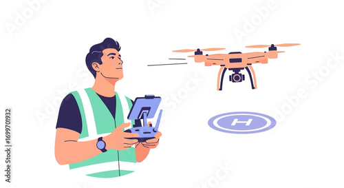 Male operator flying a modern quadcopter drone with a remote control.