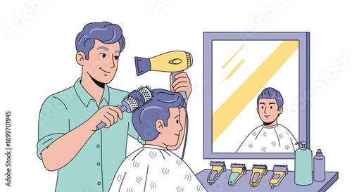 Male hairdresser blow drying a clients hair in a salon.