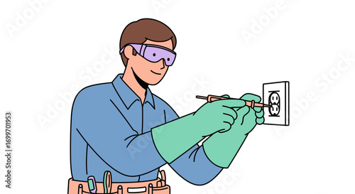 Male electrician in protective gear working on a wall outlet.