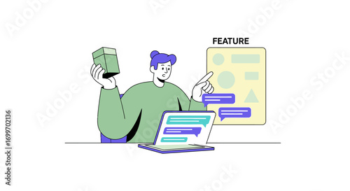 Man at desk with laptop presenting a new software feature.
