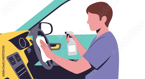 Man Cleaning Car Interior with Disinfectant Spray and Cloth.