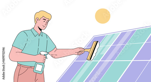 Man Cleaning Solar Panel with Squeegee and Spray Bottle.