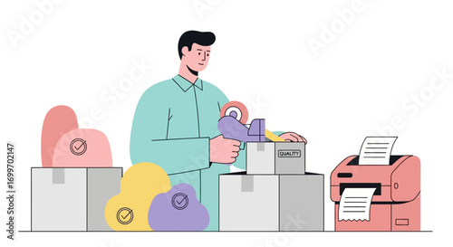 Male Warehouse Worker Packing a Box for Shipment.