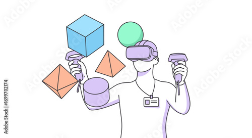 Man in virtual reality headset manipulating 3D geometric shapes.