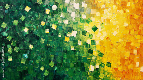 Abstract green and yellow oil painting textured squares vibrant colors