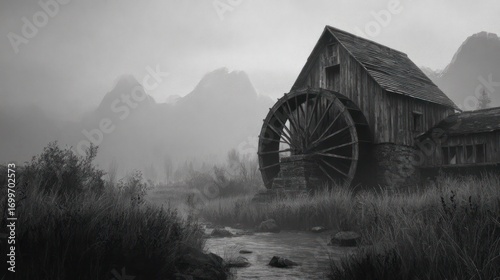 A weathered wooden mill beside a misty stream, nestled in a mountainous landscape