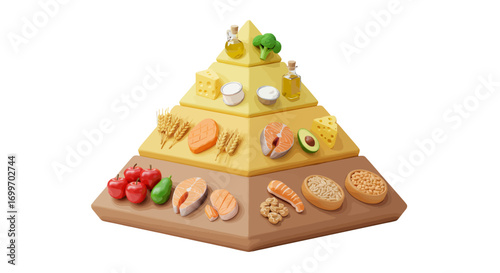 Colorful food pyramid illustration showcasing various food groups, healthy eating concepts, and nutrition