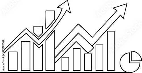 Hand drawn bar chart and pie chart representing upward business growth and financial performance