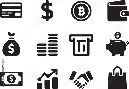 Financial icons: Credit card, money, Bitcoin, wallet, and more