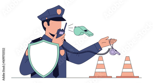 Police officer in uniform managing traffic with a whistle and radio.