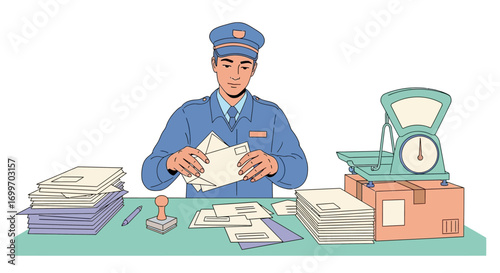 Postman in uniform sorting letters at a desk.