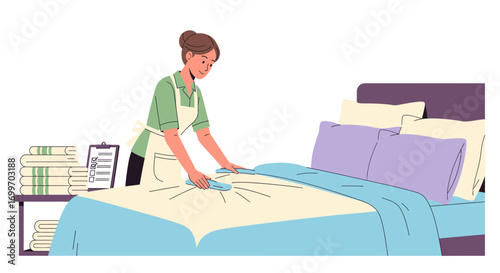 Professional Chambermaid Making a Bed in a Hotel Room.