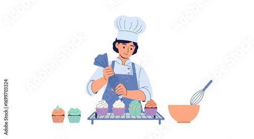 Professional pastry chef decorating colorful cupcakes with frosting.