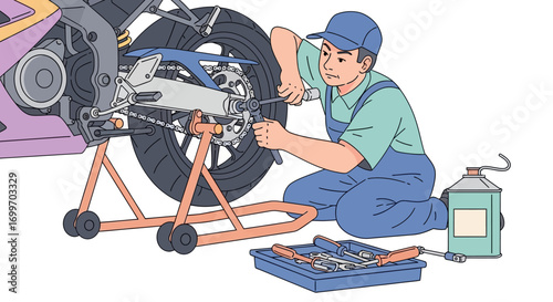 Professional motorcycle maintenance and repair service illustration.