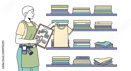 Retail worker organizing folded clothes on store shelves.