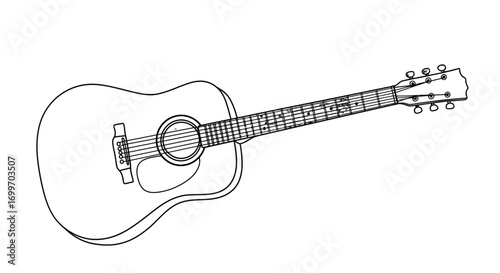 Detailed illustration of an acoustic guitar showcasing its body, neck, and strings in a minimalist style