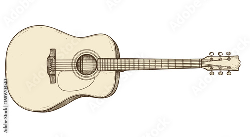 Detailed illustration of an acoustic guitar showcasing its body, neck, and strings against a plain background