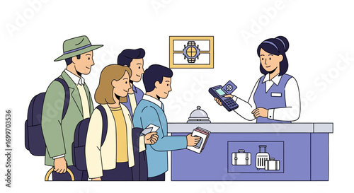 Tourists queuing at a hotel reception desk for check in.