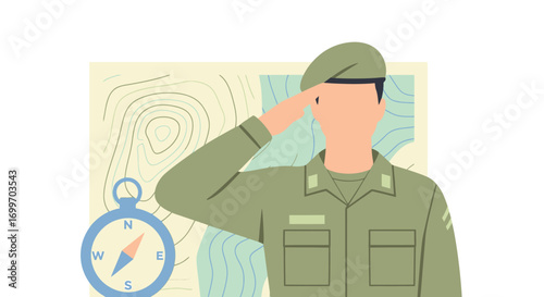 Soldier in Uniform Saluting with Map and Compass.