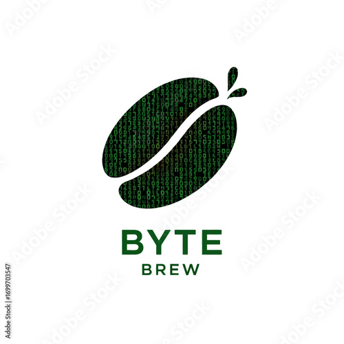 Digital coffee bean logo featuring binary code, symbolizing technology and innovation in brewing