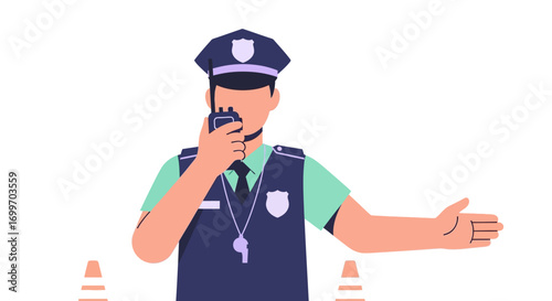 Traffic police officer directing cars with a radio.