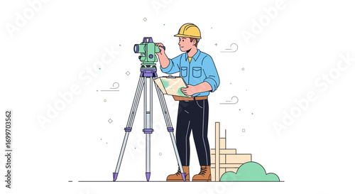 Surveyor Engineer at Work with Theodolite Equipment.