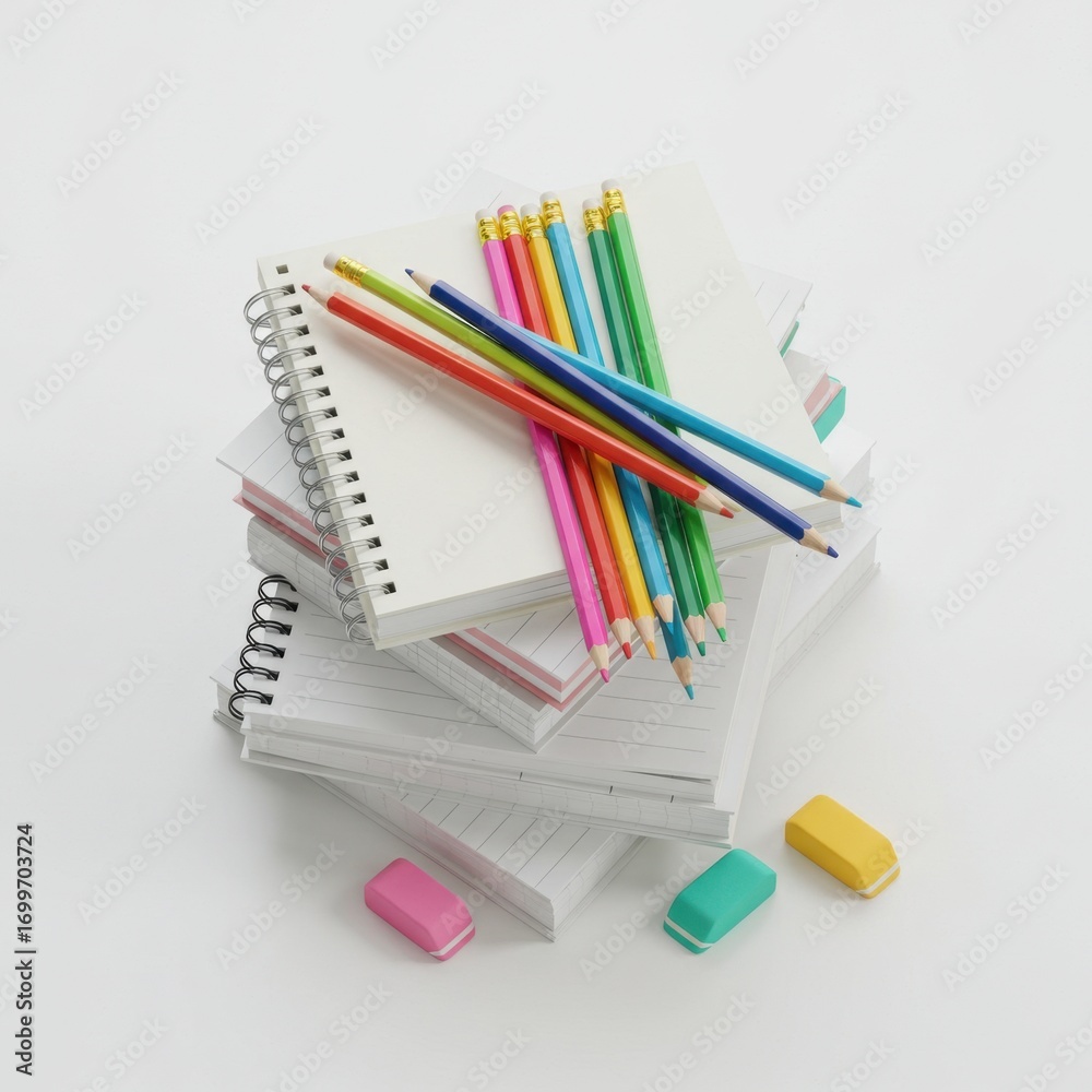 Fototapeta premium Colorful Pencils and Notebooks on White Background