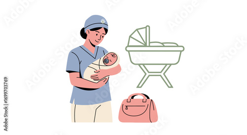 Woman Holding a Newborn Baby with Bassinet and Diaper Bag.