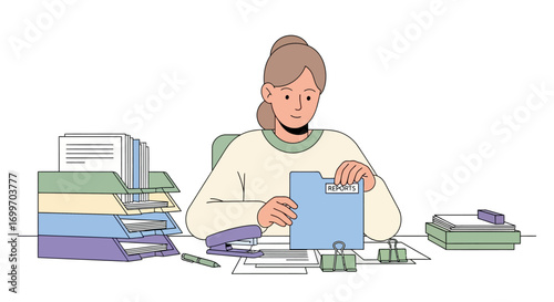 Woman Organizing Documents at a Busy Desk Illustration.