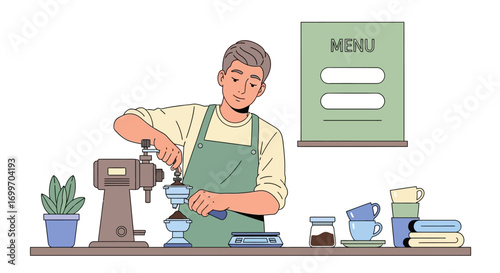 Young male barista grinding fresh coffee beans in a cafe.